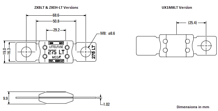 Mechanical Drawing - Littelfuse MEGA® Low Temperature Automotive Fuses